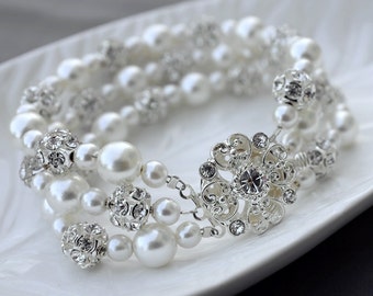 SALE Bridal Pearl Rhinestone Bracelet Triple Strands Bracelet Crystal Wedding Jewelry White or Ivory BL067LX