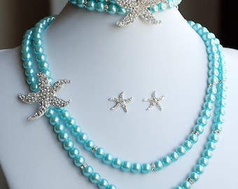 Bridal Pearl Rhinestone Necklace Bracelet Earring Crystal STARFISH Beach Wedding Jewelry Set Something Blue Teal Blue ST005LX