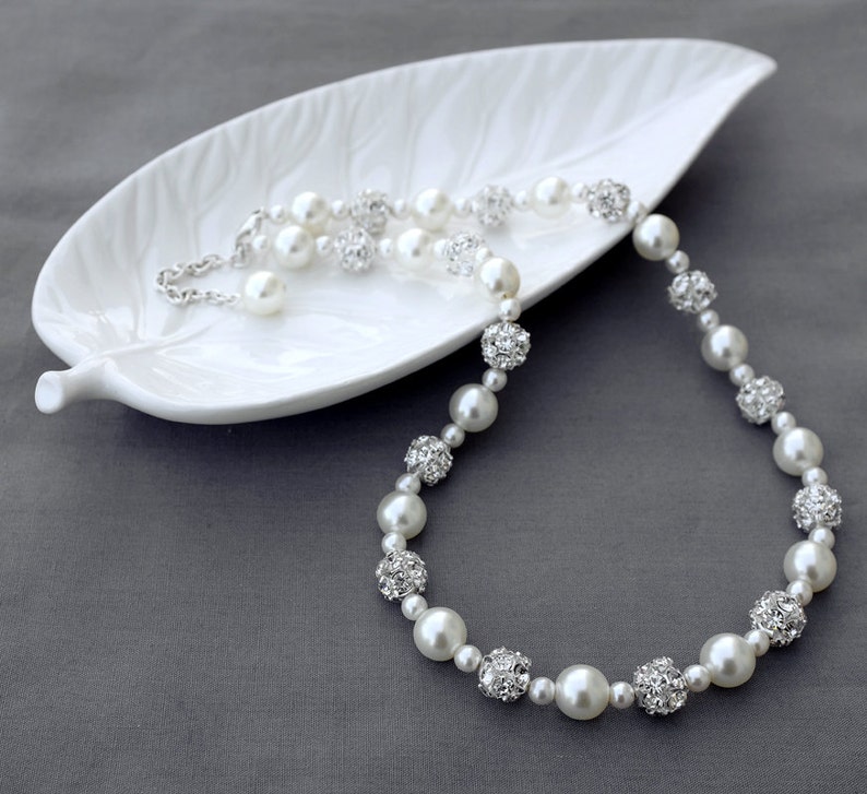 SALE Bridal Pearl Rhinestone Necklace Crystal Wedding Jewelry White or Ivory NK057LX image 1