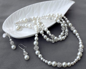Bridal Pearl Rhinestone Necklace Bracelet Earring Jewelry Set Crystal Wedding Jewelry Set White or Ivory Pearl ST008LX