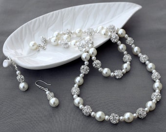 Bridal Pearl Rhinestone Necklace Bracelet Earring Jewelry Set Crystal Wedding Jewelry Set White or Ivory Pearl ST007LX