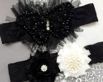 Wedding Garter Belt Set Bridal Garter Set Butterfly Black White Lace Garter Set Rhinestone Crystal Lace Garter Belt Set GR155LX