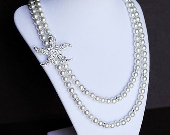 Bridal Pearl Rhinestone Necklace Double Strand Crystal Beach Wedding Jewelry STARFISH Collection White or Ivory US NK026LX