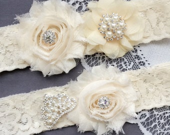Wedding Garter Bridal Garter IVORY Garter Set Lace Garter Set Crown Tiara Rhinestone Crystal Pearl Garter Princess GR173LX