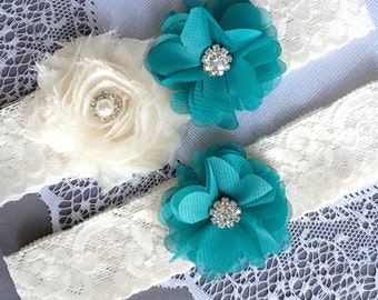 Wedding Garter Set Bridal Garter Set TURQUOISE BLUE Lace Garter Set Ivory Rhinestone Crystal Lace Garter Beach Wedding GR122LX