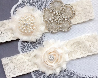 Wedding Garter Belt Set Bridal Garter Set Ivory Lace Garter Belt Lace Garter Set Rhinestone Crystal Pearl Center Garter GR135LX