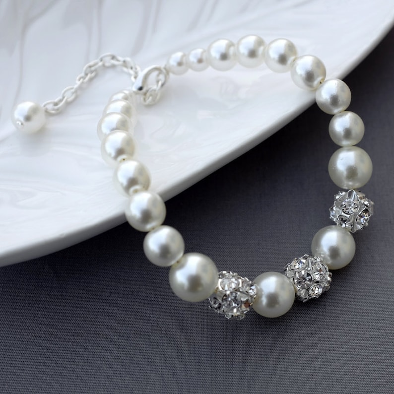 Bridal Pearl Rhinestone Necklace Bracelet Earring Jewelry Set Crystal Wedding Jewelry Set White or Ivory Pearl ST006LX image 3