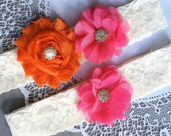 Wedding Garter Set Bridal Garter Set Fuchsia Hot Pink PersimmonHot Orange Ivory Rhinestone Crystal Lace Garter Set GR134LX