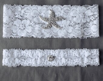 Wedding Garter Bridal Garter Set White or Ivory Lace Garter Belt Rhinestone Crystal Starfish Garter Belt Beach Wedding GR060LX