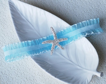 Wedding Garter Bridal Garter TURQUOISE BLUE Garter Set Lace Garter Rhinestone Crystal Starfish Garter Beach Wedding GR022LX