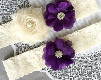 Wedding Garter Set Bridal Garter Set Dark Eggplant Purple Lace Garter Set Ivory Rhinestone Crystal Lace Garter GR130LX