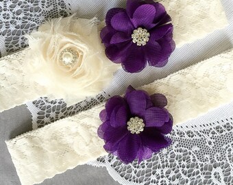 Conjunto de liga de casamento conjunto de liga de noiva escuro berinjela roxo conjunto de liga marfim strass cristal renda liga gr130lx