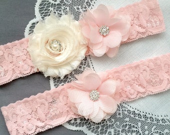 Wedding Garter Set Bridal Garter Set Baby Pale Pink Lace Garter Set Ivory Rhinestone Crystal Lace Garter GR152LX