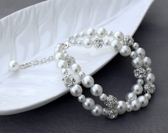Verkauf Hochzeitssuite Perle Strass Armband Double Stränge Armband Kristall Hochzeit Schmuck weiß oder Elfenbein-BL066LX