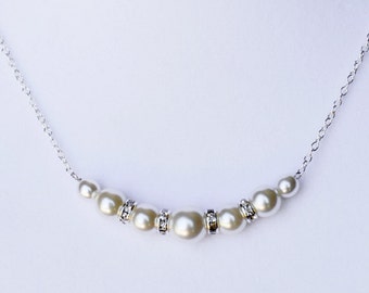 Bridal Rhinestone Pearl Necklace with Sterling Silver Chain Simple Wedding Crystal Jewelry White Or Ivory NK023LX
