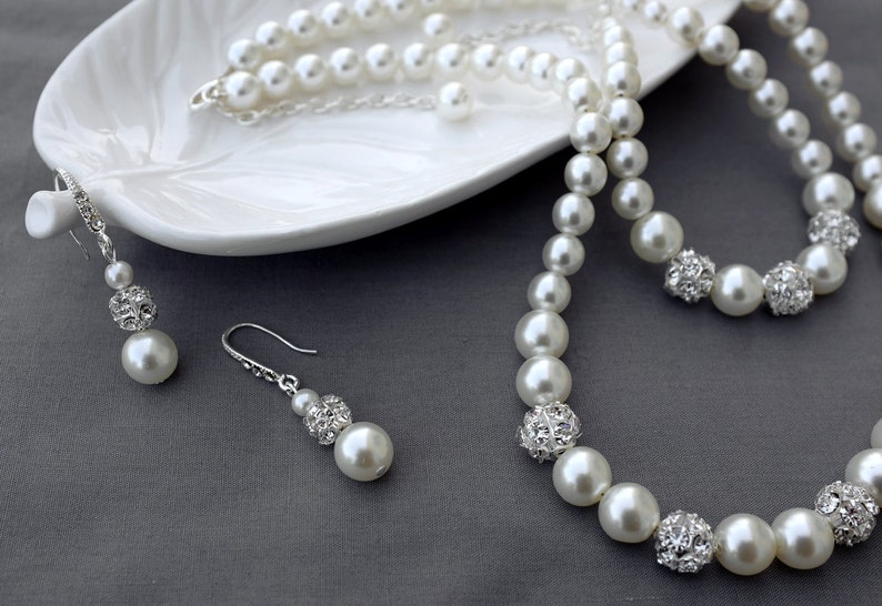 Bridal Pearl Rhinestone Necklace Bracelet Earring Jewelry Set Crystal Wedding Jewelry Set White or Ivory Pearl ST006LX image 5