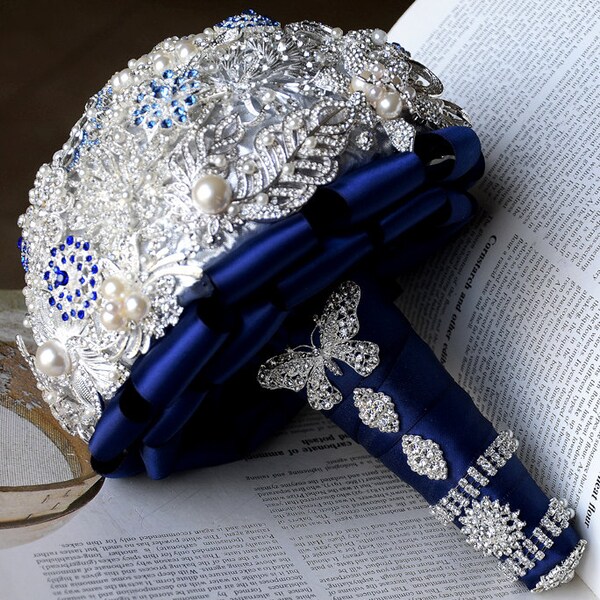 Bridal Brooch Bouquet Pearl Rhinestone Crystal Silver Royal Dark Blue Vintage Luxury Shining Like Diamond - BB030LX