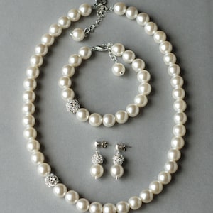 Bridal Pearl Rhinestone Necklace Bracelet Earring Crystal Wedding Jewelry Set White or Ivory Pearl ST001LX