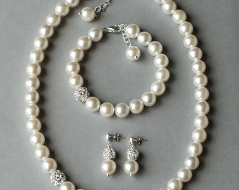 Bridal Pearl Rhinestone Necklace Bracelet Earring Crystal Wedding Jewelry Set White or Ivory Pearl ST001LX