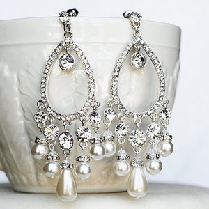 Bridal Earring Wedding Earring Rhinestone Chandelier Earrings Crystal Pearl Chandelier Earring Peacock Feather ER040LX