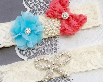 Wedding Garter Bridal Garter Coral Red Light Blue Lace Garter Set Rhinestone Garter Crystal Pearl Garter Beach Wedding GR158LX