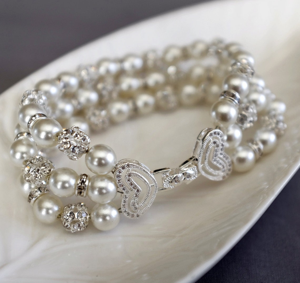 Bridal Pearl Rhinestone Bracelet Crystal Bracelet White Gold Etsy