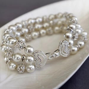 Bridal Pearl Rhinestone Bracelet Crystal Bracelet White Gold Filled Crystal Clasp Wedding Jewelry White or Ivory Pearl BL072LX