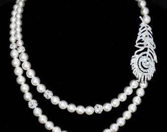 Bridal Pearl Rhinestone Necklace Two Strand Wedding Jewelry Crystal Feather CAMILLE Collection White or Ivory NK004LX