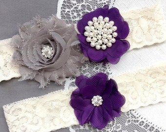 Wedding Garter Belt Set Bridal Garter Set Ivory Lace Garter Belt Dark Purple Garter Set Rhinestone Crystal Pearl Garter GR184LX