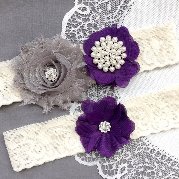 Wedding Garter Belt Set Bridal Garter Set Ivory Lace Garter Belt Dark Purple Garter Set Rhinestone Crystal Pearl Garter GR184LX