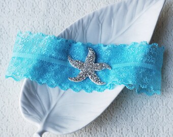 Liga de casamento liga de noiva turquesa azul liga conjunto renda liga strass cristal estrela do mar liga praia casamento gr076lx