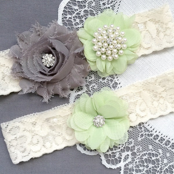 Wedding Garter Belt Set Bridal Garter Set Ivory Lace Garter Belt Mint Green Garter Set Rhinestone Crystal Pearl Garter GR191LX