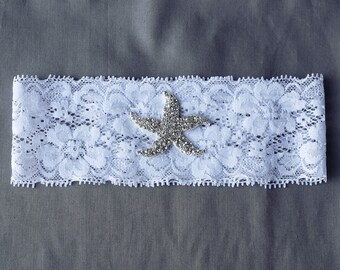 Wedding Garter Bridal Garter Set White or Ivory Lace Garter Belt Rhinestone Crystal Starfish Garter Belt Beach Wedding GR074LX