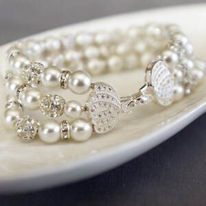 Bridal Pearl Rhinestone Bracelet Crystal Bracelet White Gold Filled Crystal Clasp Wedding Jewelry White or Ivory Pearl BL073LX