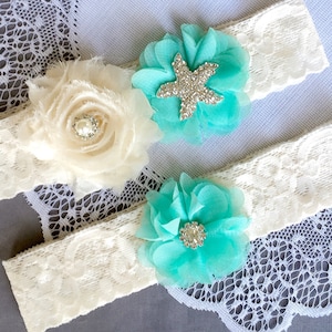 Wedding Garter Bridal Garter TEAL BLUE Garter Set Lace Garter Ivory Rhinestone Crystal Starfish Garter Beach Wedding GR107LX image 1