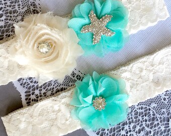Liga de casamento liga de noiva cerceta azul liga conjunto renda liga marfim strass cristal estrela do mar liga praia casamento gr107lx