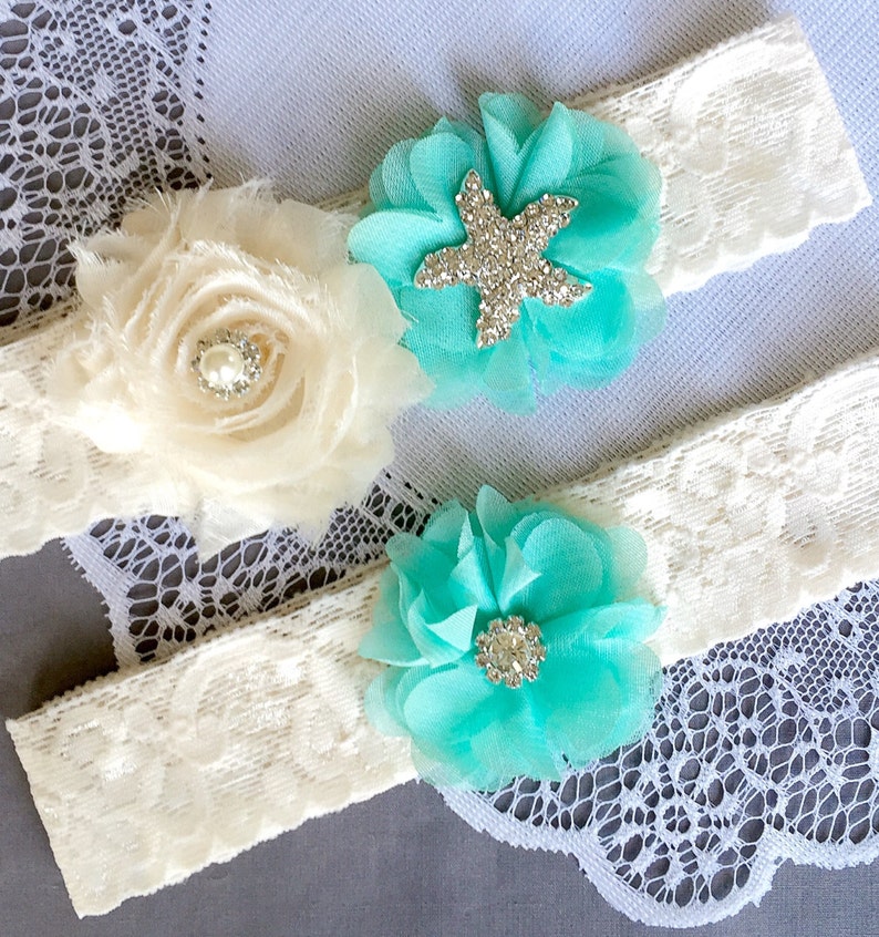 Wedding Garter Bridal Garter TEAL BLUE Garter Set Lace Garter Ivory Rhinestone Crystal Starfish Garter Beach Wedding GR107LX image 1