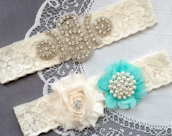 Wedding Garter Bridal Garter TEAL BLUE Garter Set Lace Garter Ivory Rhinestone Crystal Pearl Garter Beach Wedding GR146LX