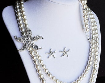 Bridal Pearl Rhinestone Necklace Bracelet Earring Crystal STARFISH White Or Ivory Beach Wedding Jewelry Set ST003LX