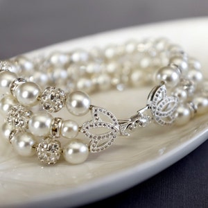 Bridal Pearl Rhinestone Bracelet Crystal Bracelet White Gold Filled Crystal Clasp Wedding Jewelry White or Ivory Pearl BL074LX