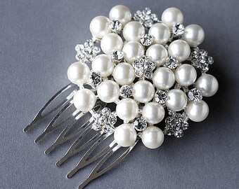 Rhinestone and Pearl Bridal Hair Comb Accessory Wedding Jewelry Crystal Flower Side Tiara CM025LX