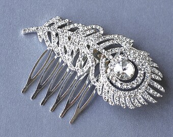 Rhinestone Bridal Hair Comb Wedding Jewelry Crystal Peacock Feather Side Tiara CAMILLE Collection CM007LX