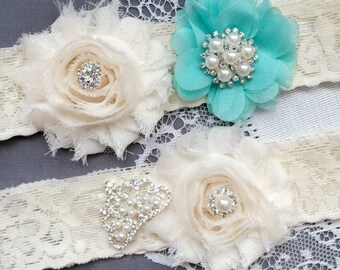 Wedding Garter Bridal Garter TEAL BLUE Garter Set Lace Garter Set Tiara Crown Rhinestone Crystal Pearl Garter Princess GR165LX