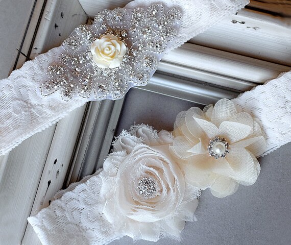 Wedding Garter Belt Set Bridal Garter Set Ivory Lace Garter Belt Lace Garter Set Rhinestone Crystal Rose Center Garter GR104LX
