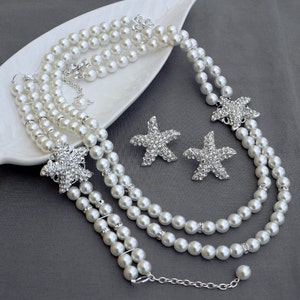Bridal Pearl Rhinestone Necklace Bracelet Earring Crystal STARFISH White Or Ivory Beach Wedding Jewelry Set ST010LX