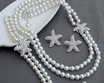 Bridal Pearl Rhinestone Necklace Bracelet Earring Crystal STARFISH White Or Ivory Beach Wedding Jewelry Set ST010LX