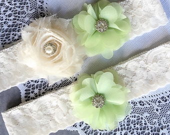 Wedding Garter Set Bridal Garter Set LIGHT GREEN Lace Garter Set Ivory Rhinestone Crystal Lace Garter GR127LX