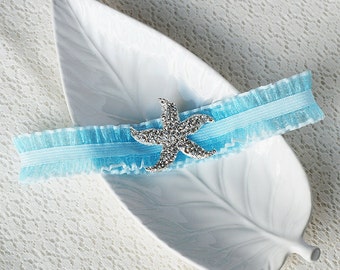 Wedding Garter Bridal Garter TURQUOISE BLUE Garter Set Lace Garter Rhinestone Crystal Starfish Garter Beach Wedding GR001LX