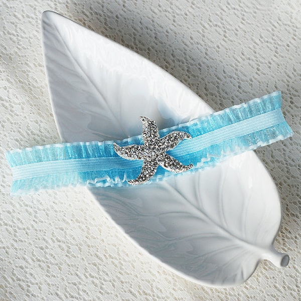 Wedding Garter Bridal Garter TURQUOISE BLUE Garter Set Lace Garter Rhinestone Crystal Starfish Garter Beach Wedding GR001LX