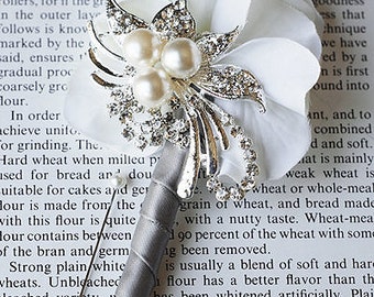 Hydrangea Boutonniere Corsages - Pearl Rhinestone Crystal - Silver White Grey - 25% off - BN002LX